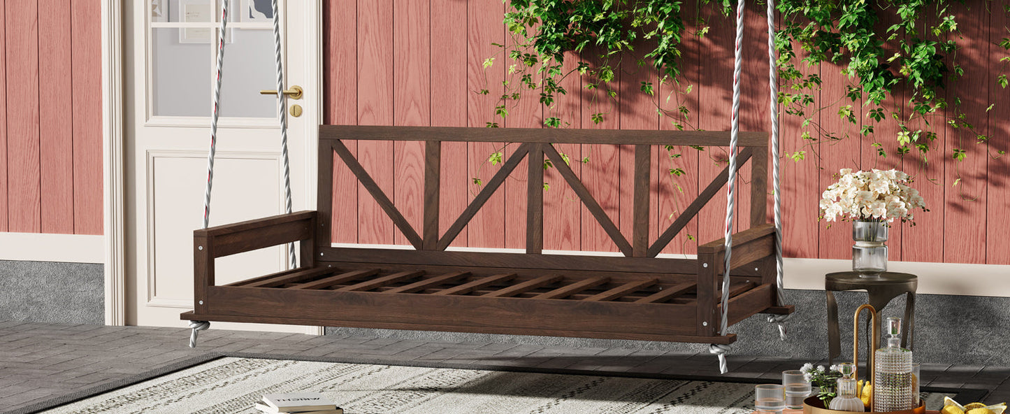 Acacia Wood Twin Size Patio Swing Bed Modern Porch Swing Hanging Bed Frame With 16.4ft Hemp Ropes for Garden,Backyard,Br