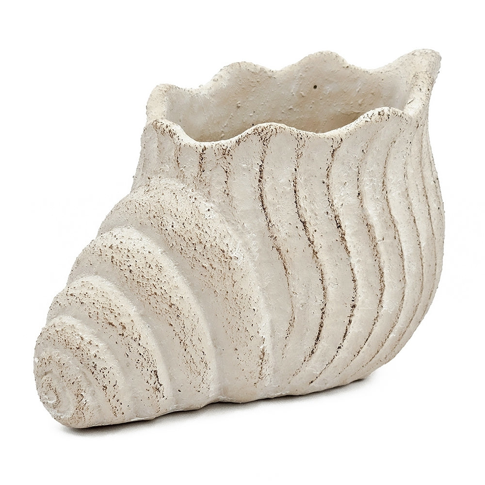 11.5x7x7' Sand and Cement Nautilus Shell Planter With Textured Beige Finish
