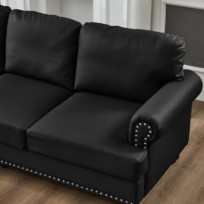 83' Modern Classic Design With Nails Living Room Sofa Leather Couch,Upholstered Imitation Cowhide Leather Black