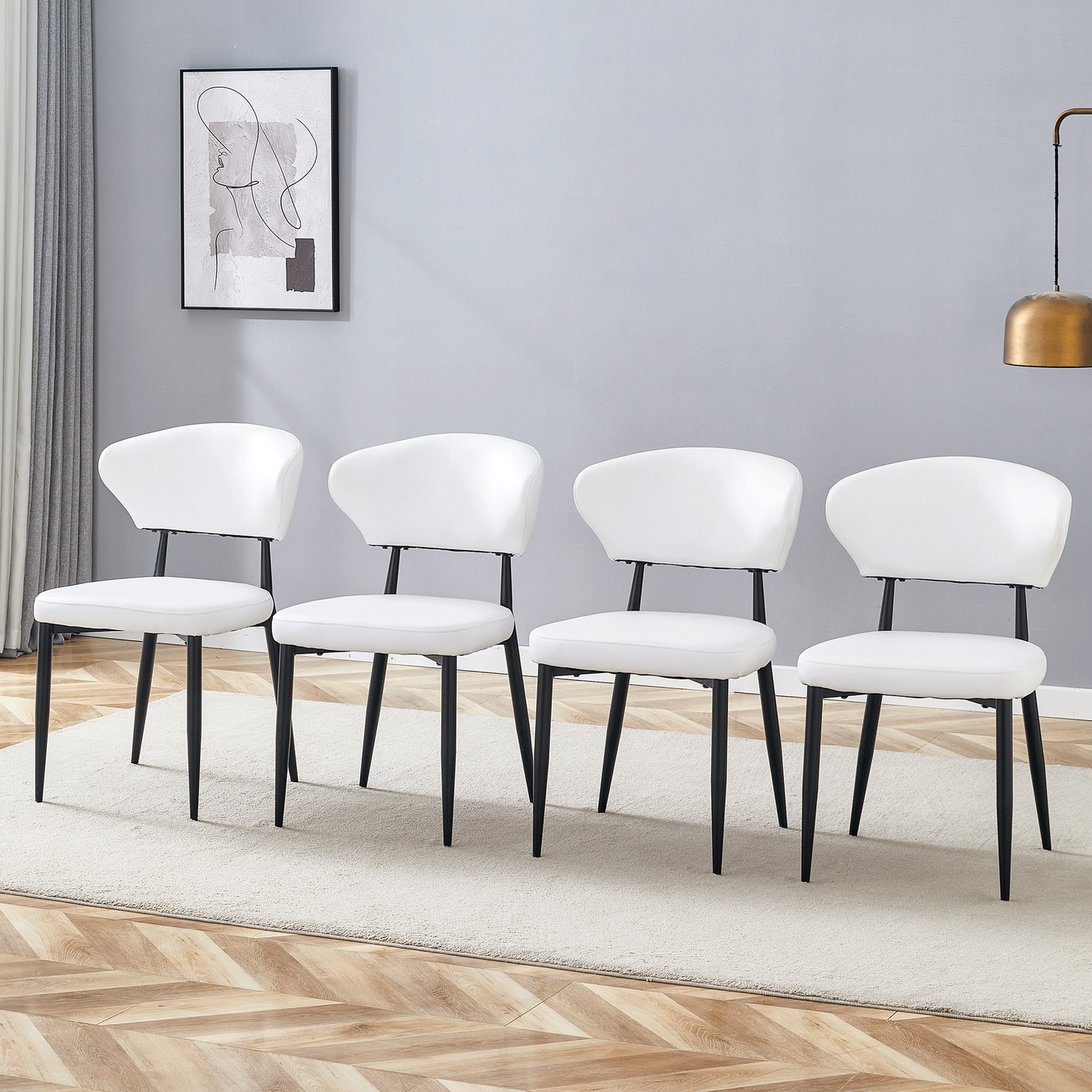 Minimalist Ergonomic Dining Chair With Curved Backrest in Black and White, Metal Legs, PU Leather, Set of 4