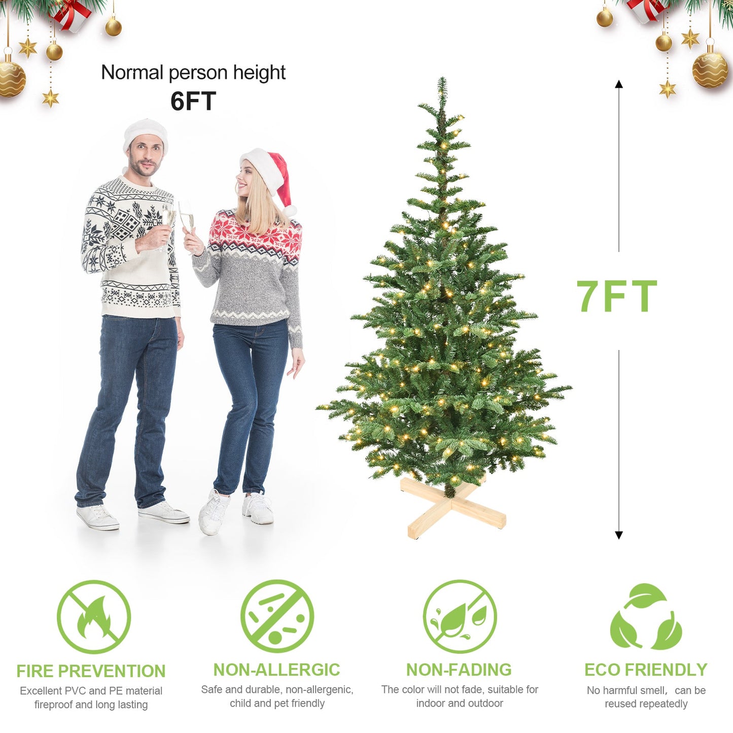6ft Pre-Lit Christmas Tree With 300 Warm White LED Lights, 611 PE+PVC Tips, Realistic Layered Look, Unique Wooden Base –