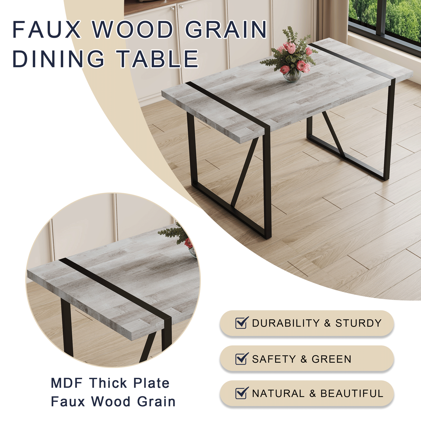 Table and Chair set.A Minimalist Retro Rectangular Dining Table With a Specially Textured Top and Black Metal legs.Paire