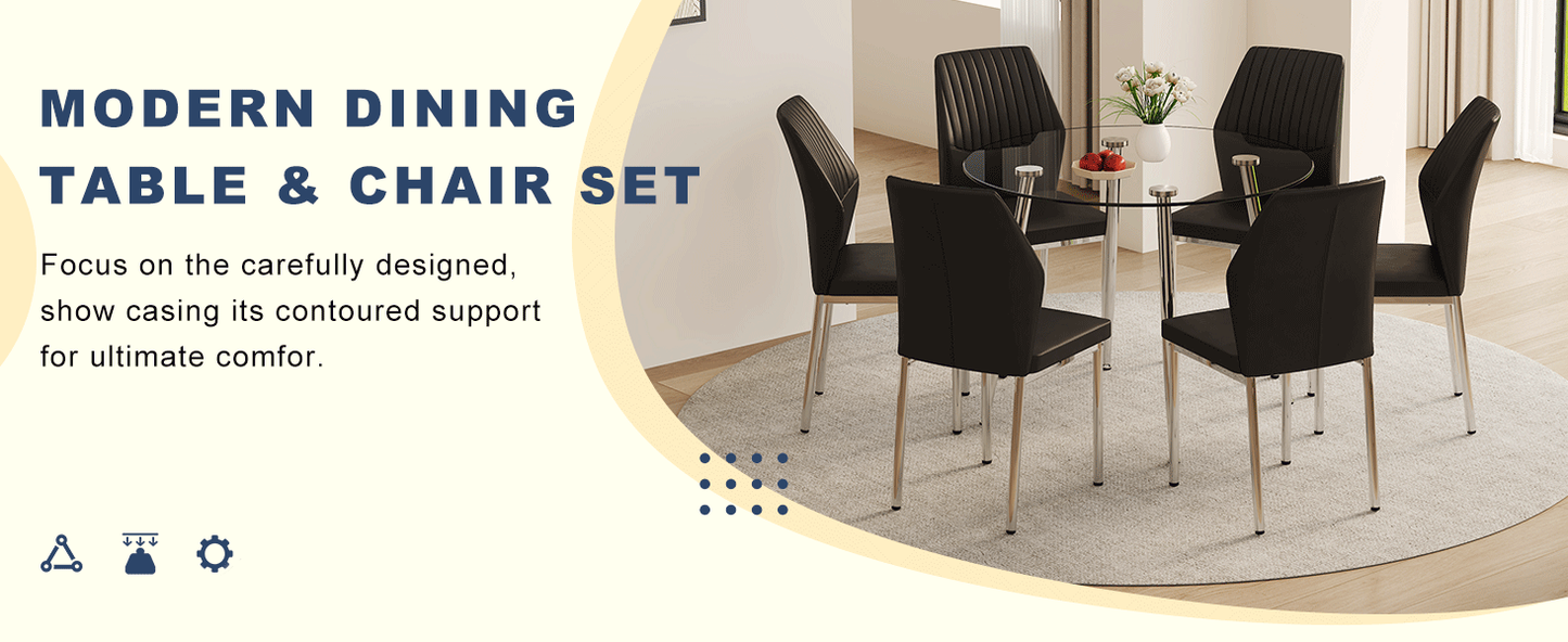 Table and Chair set.A 38.6' Transparent Tempered Glass Round Dining Table-Silver Metal Legs.Paired With 6 BLACK PU Mater