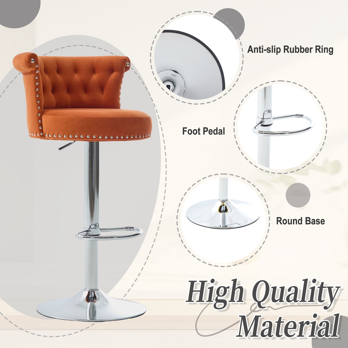 Velvet Bar Stool Set of 2, Adjustable Swivel Bar Stools With Silver Plated Metal Leg, Chrome Nailhead, Counter Height Ch