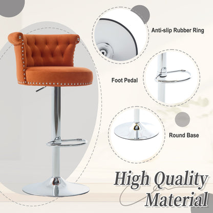 Velvet Bar Stool Set of 2, Adjustable Swivel Bar Stools With Silver Plated Metal Leg, Chrome Nailhead, Counter Height Ch