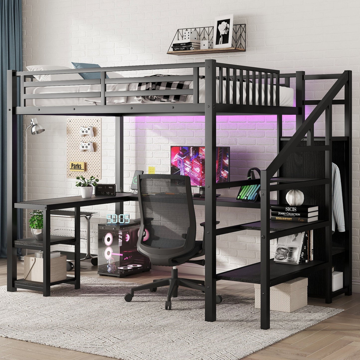 Metal Full Loft Bed With Wardrobe and LED Light, Full Size Loft Bed With L Shaped Desk and USB for Kids Teens Adults, Bl