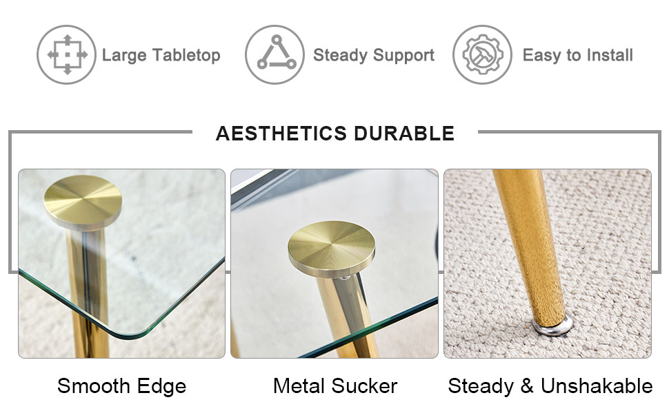 Modern Minimalist Rectangular Glass  Dining Table for 4-6 With 0.31' Tempered Glass Tabletop and Golden Plating Metal Le