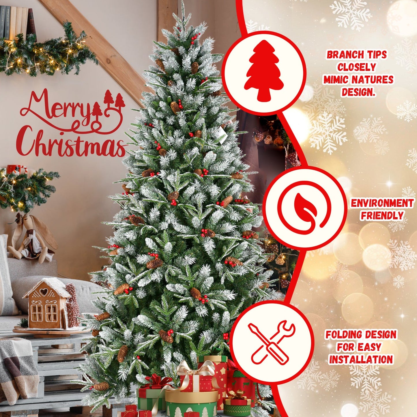 7FT Christmas Tree With 2178 Tips, Red Berries & Pine Cones – Snow-Dusted PE+PVC Branches, Hinged Design for Easy Setup,