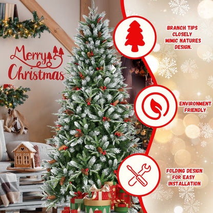 7FT Christmas Tree With 2178 Tips, Red Berries & Pine Cones – Snow-Dusted PE+PVC Branches, Hinged Design for Easy Setup,