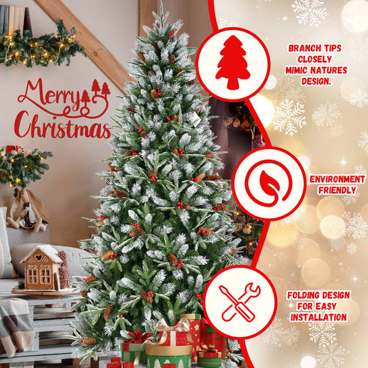 7FT Christmas Tree With 2178 Tips, Red Berries & Pine Cones – Snow-Dusted PE+PVC Branches, Hinged Design for Easy Setup,