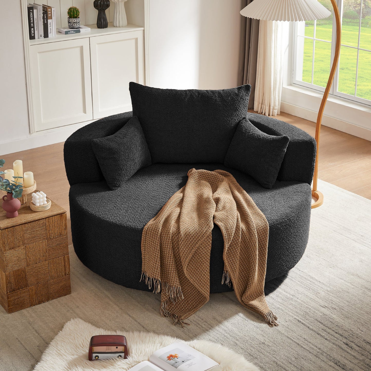 360° Swivel Accent Barrel Chair With Removable Pillows, Black Chenille, 56.3x56.3x36.5 Inches