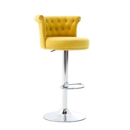 Velvet Bar Stool Set of 2, Adjustable Swivel Bar Stools With Silver Plated Metal Leg, Chrome Nailhead, Counter Height Ch