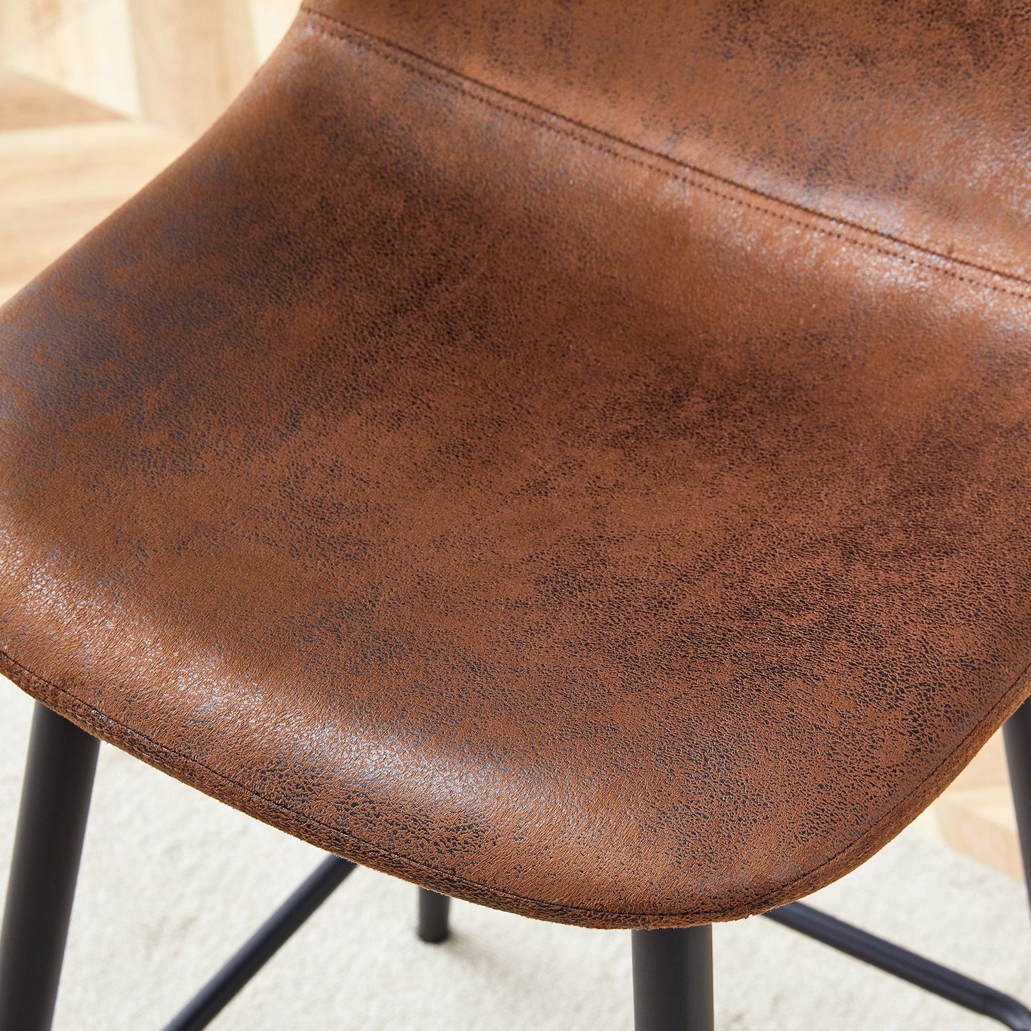 Brown Techno-Fabric Bar Chair Set - Two Pieces, Rounded Backrest, Black Metal Legs, Multiple Colors