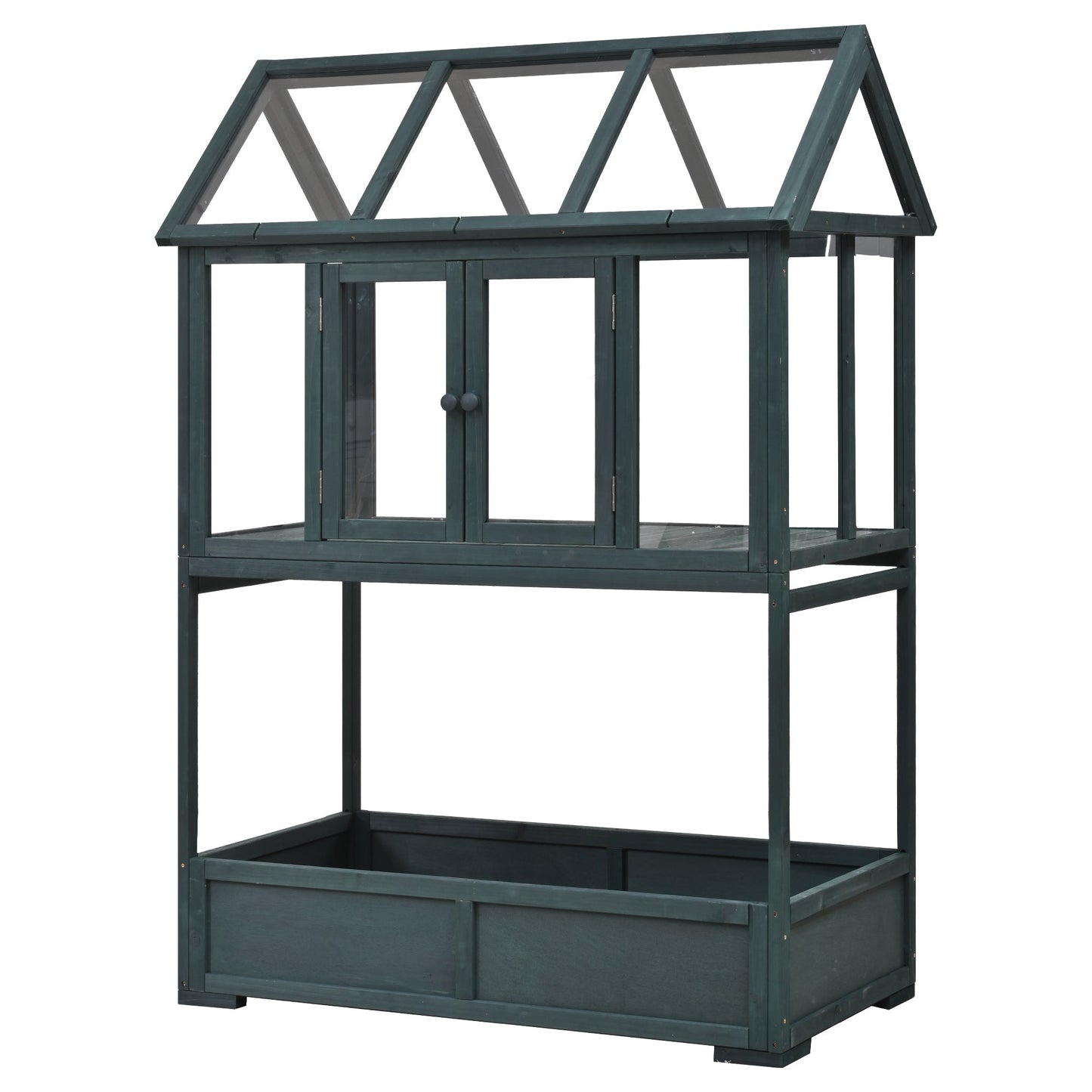 Garden Wood Portable Cold Frame With Movable Wheels Mini Greenhouse With Openable Roof and Storage Box, Forest Green