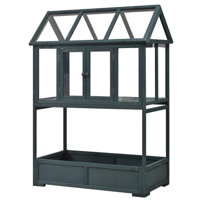 Garden Wood Portable Cold Frame With Movable Wheels Mini Greenhouse With Openable Roof and Storage Box, Forest Green