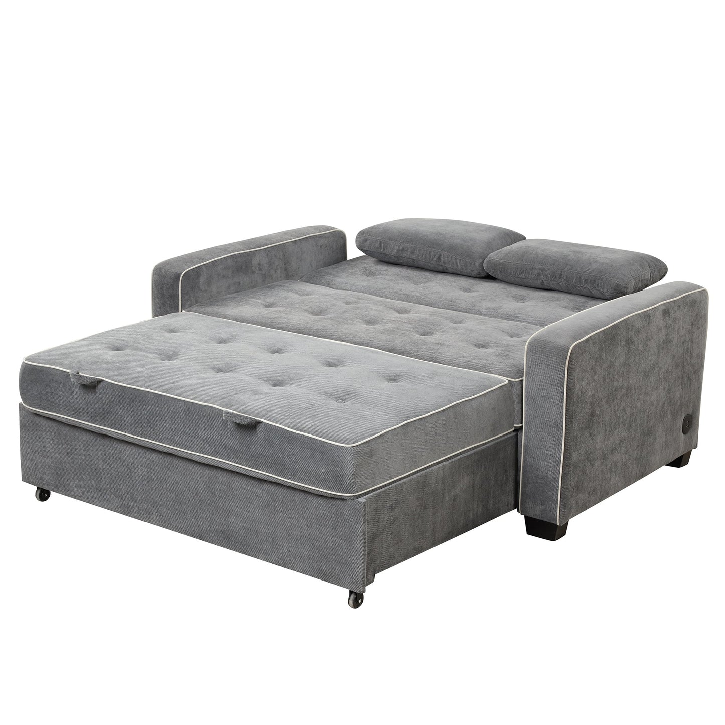 61.4' Upholstered Sleeper Bed, Pull Out Sofa Bed Couch Attached Two Throw Pillows, Dual USB Charging Port and Adjustable