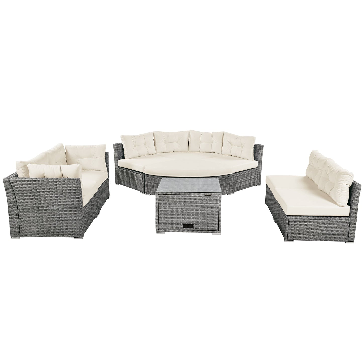 Patio Furniture Set Outdoor Daybed Rattan Sectional With Cushions and Center Table, Beige, Iron & Rattan, Multiple Sizes