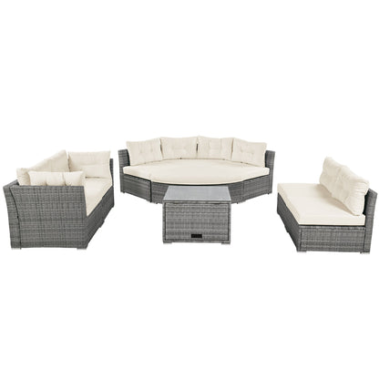 Patio Furniture Set Outdoor Daybed Rattan Sectional With Cushions and Center Table, Beige, Iron & Rattan, Multiple Sizes