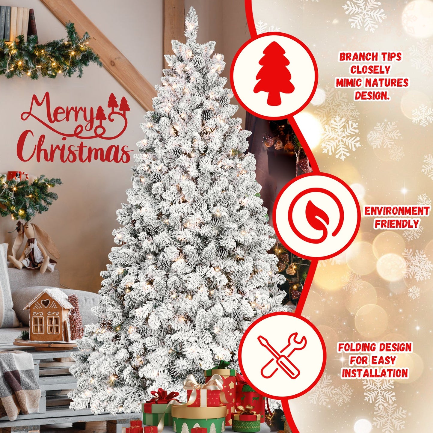 8FT Flocked Christmas Tree With 700 UL Lights and 54 Natural Pine Cones – Snowy PVC Tips, 1754 Tips, Hinged Structure, S