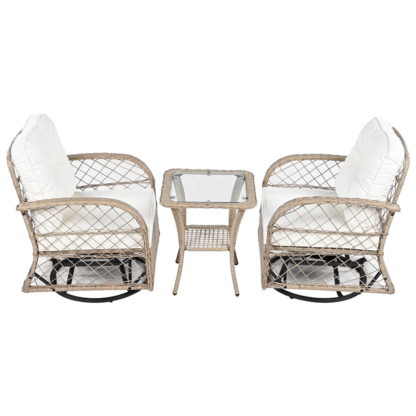 3-Piece Outdoor Chair&Table Set Chat Set 2-Person Rattan Seating Group With Two Swivel Chairs and a Square Table for Gar