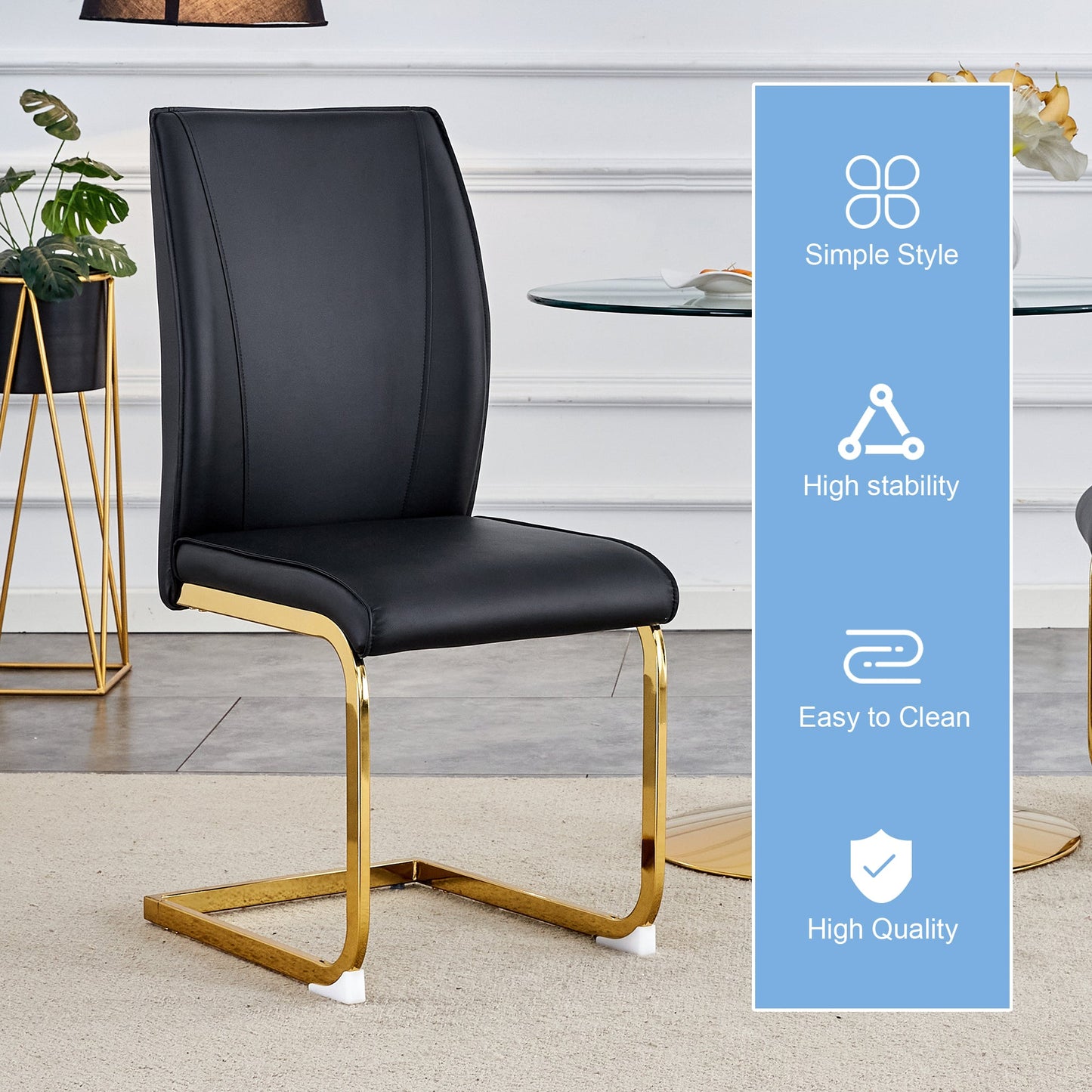 Luxurious and Minimalist Chair Covers, 2 High Elasticity Dining Chairs, Black PU Material, Metal Gold Arched Legs.