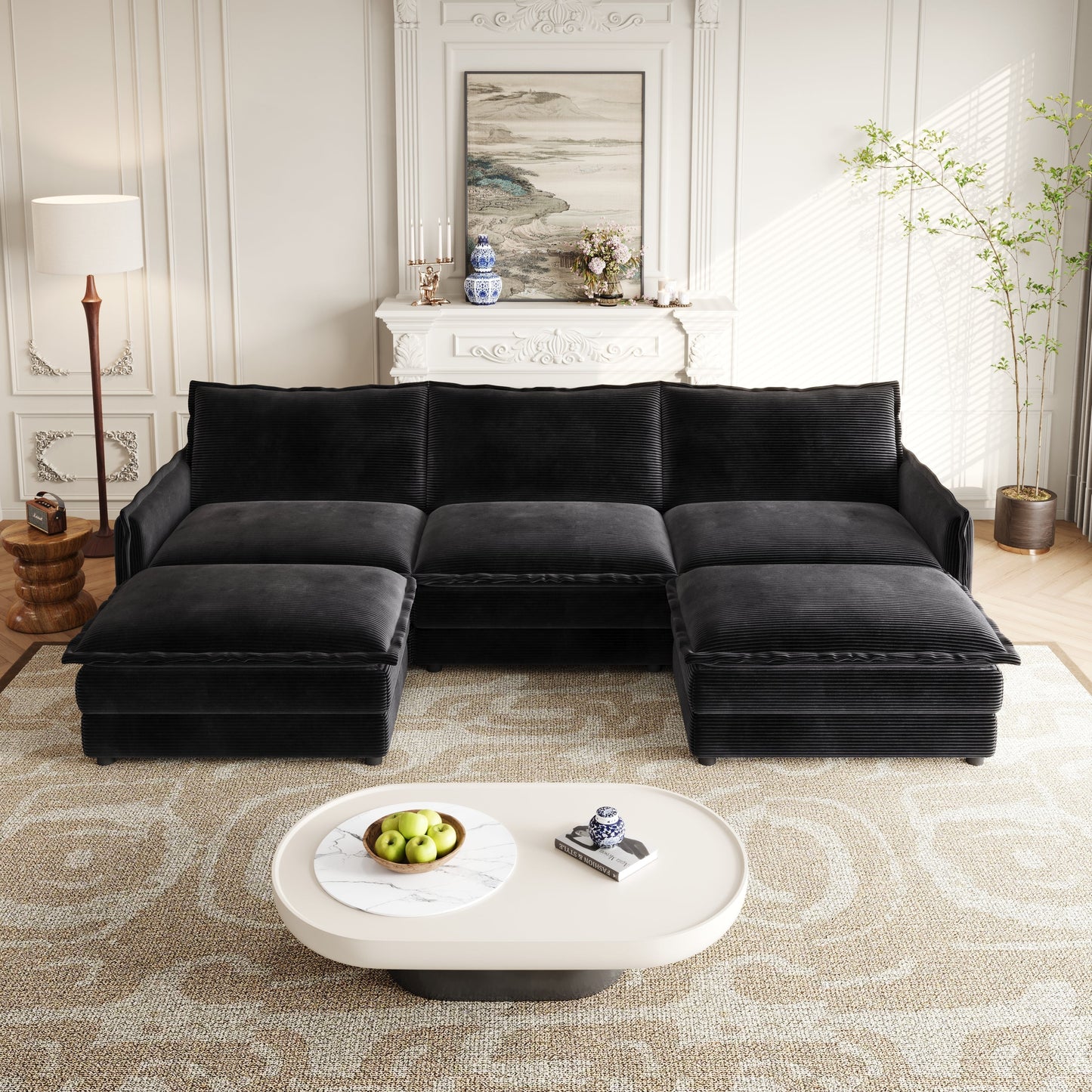 Corduroy Fabric 3-Seater Comfy Cloud Couch With 2 Movable Footrest for Living Room,Oversized Deep Seat U Shaped Couch Se