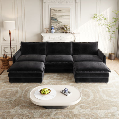 Corduroy Fabric 3-Seater Comfy Cloud Couch With 2 Movable Footrest for Living Room,Oversized Deep Seat U Shaped Couch Se