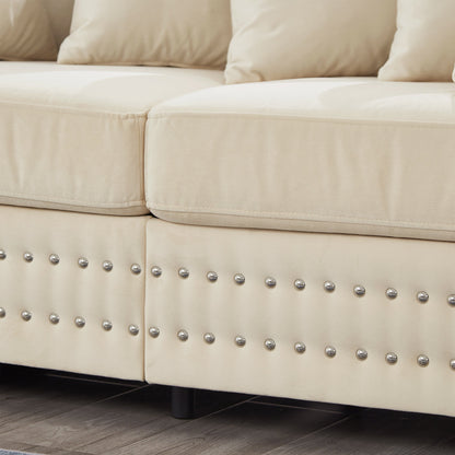 Modern Design Living Room Sofa Square Armrest With Silver Nails Decoration Upholstered Velvet Loveseat Apricot