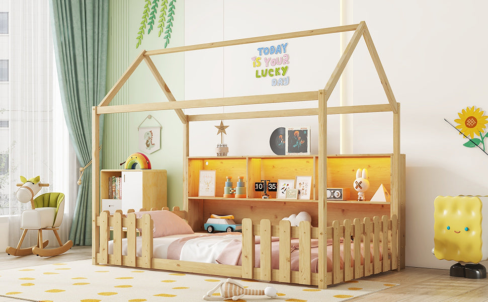 Twin Size House Bed With LED Light, Wood House Bed With Storage Bookshelf, Floor House Bed With Guardrails for Kids, Nat