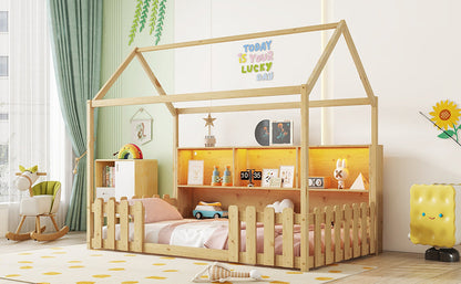 Twin Size House Bed With LED Light, Wood House Bed With Storage Bookshelf, Floor House Bed With Guardrails for Kids, Nat