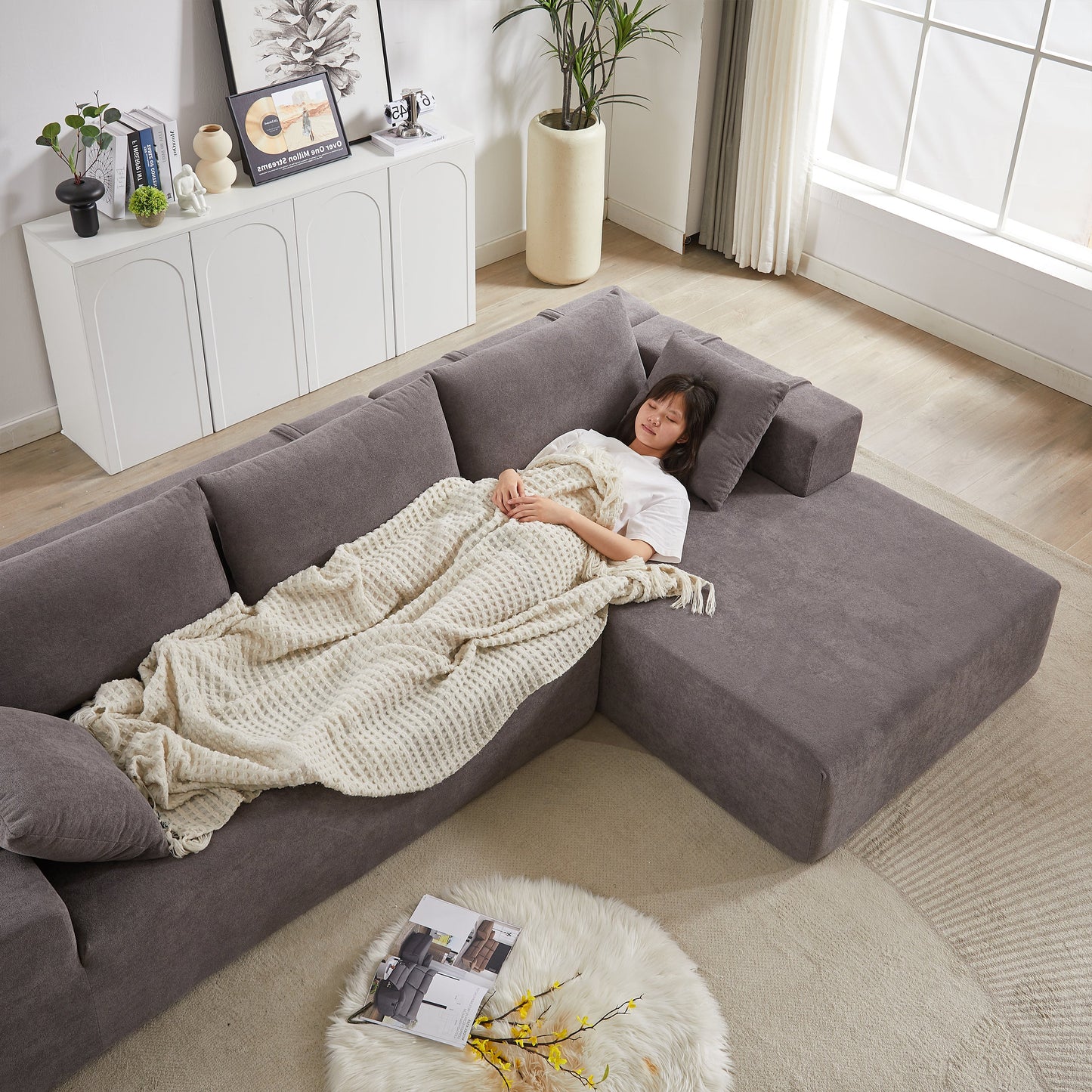 Modern Chenille Upholstered Sectional Sofa Couch Set,Modular 108' L Shaped Sectional Living Room Sofa Set With 6 Pillows