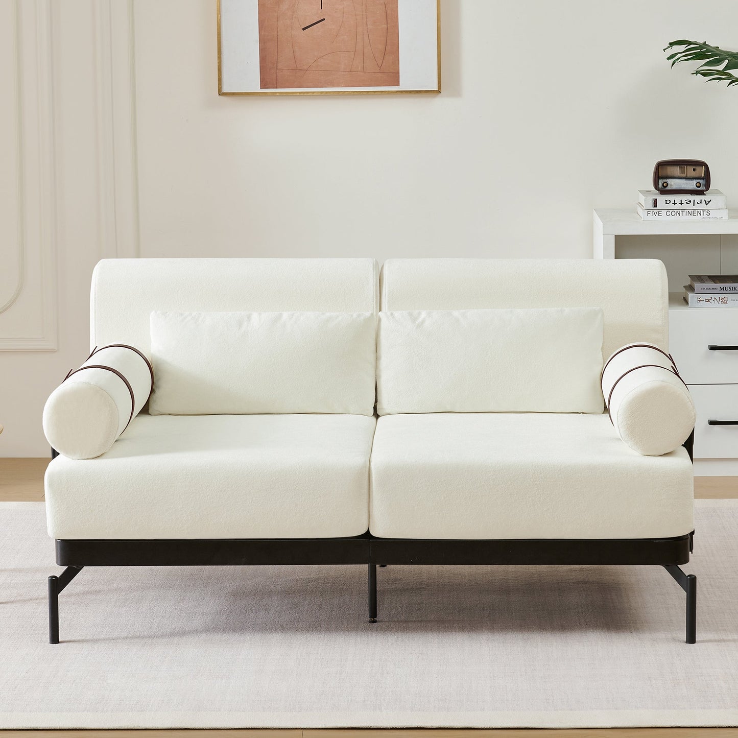 Modern Loveseat Sofa 59' Couch With Flexible USB Ports, Unique Cylindrical Armrests, Beige Chenille