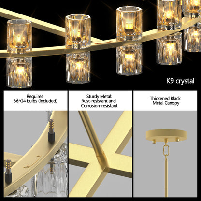 Modern 36' Gold Round Chandelier Light Fixture, K9 Crystal Chandeliers for Dining Room, Living Room, Dining Room Chandel