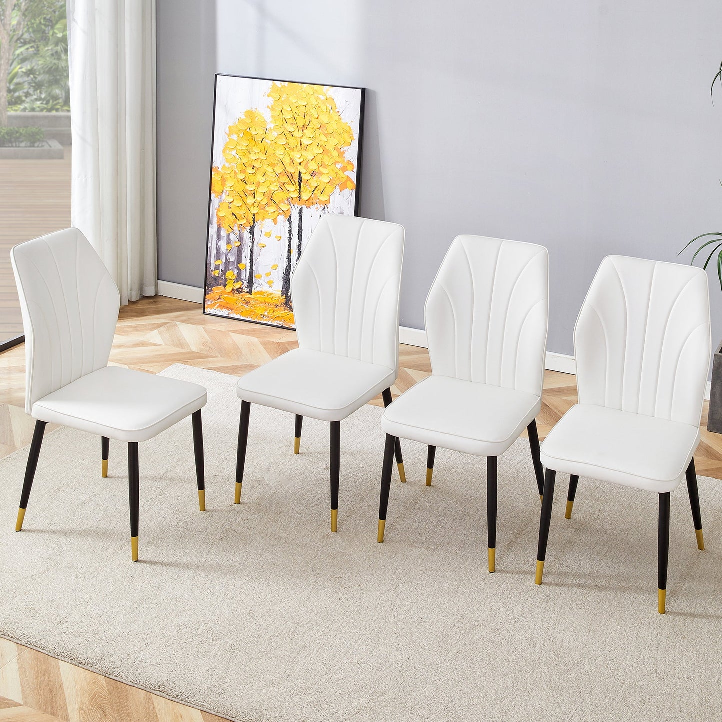 4 Modern Dining Chairs With Stylish PU Patterned Backrest and Black Metal Legs for a Comfortable Home Experience in the