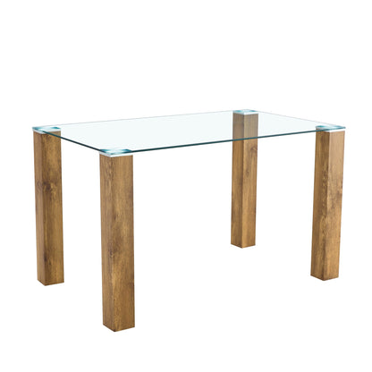 A 49.6 * 30 Inch Transparent Tempered Glass Dining Table With Rectangular Wood Color MDF Wood Grain Legs, Combining Simp