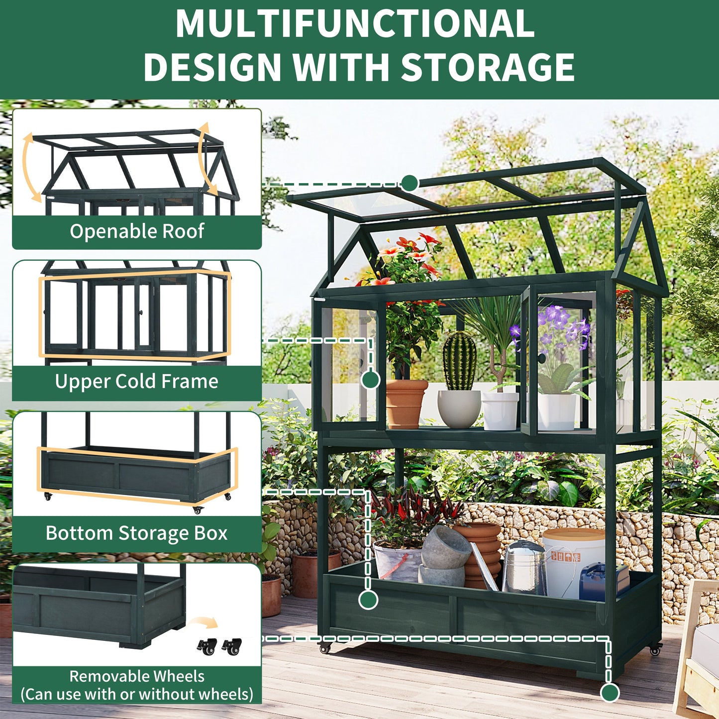 Garden Wood Portable Cold Frame With Movable Wheels Mini Greenhouse With Openable Roof and Storage Box, Forest Green