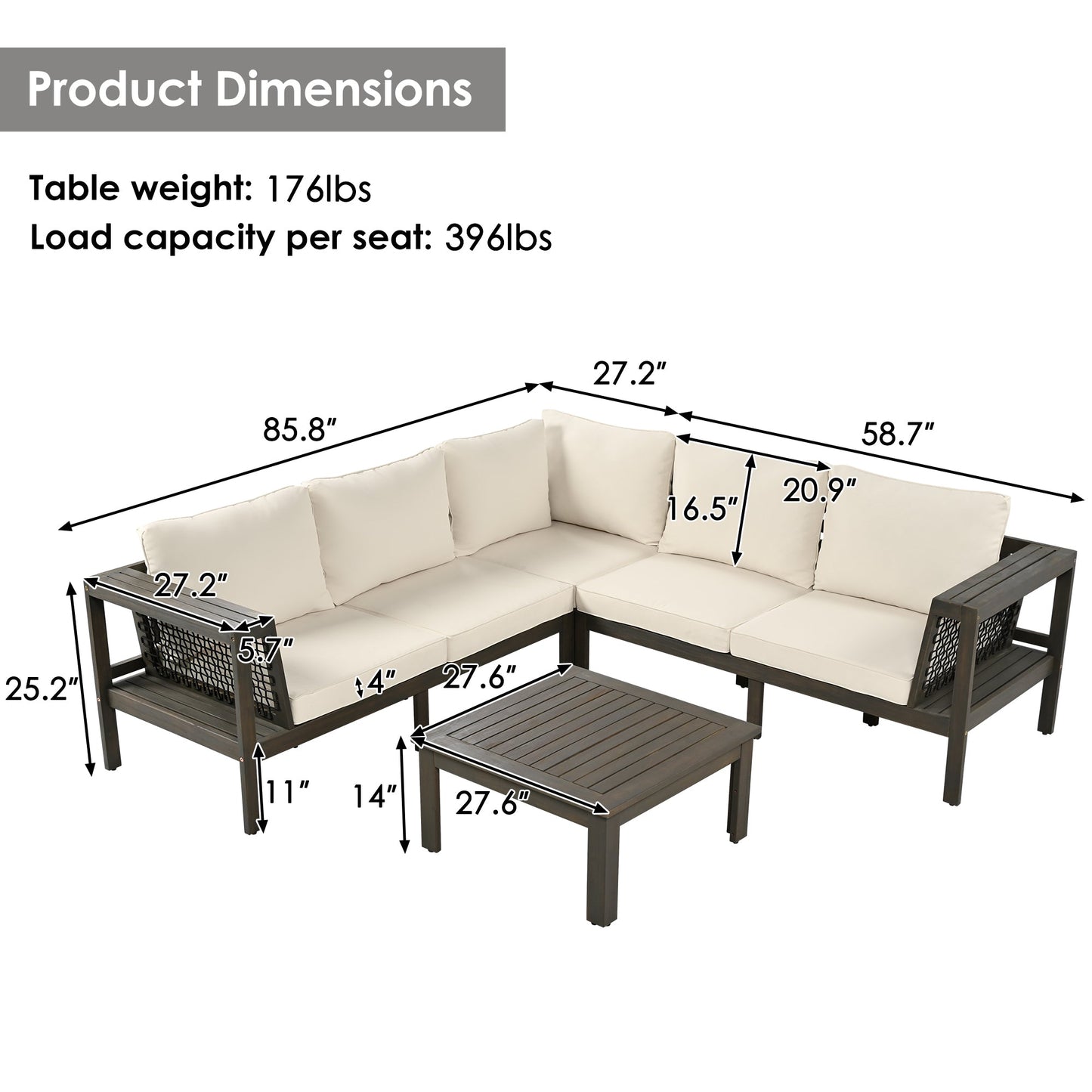 4 Pieces Outdoor Acacia Wood Sofa Set, Woven Mesh Armrests, L-Shaped Patio Furniture Sofa Set With Coffee Table, Outdoor