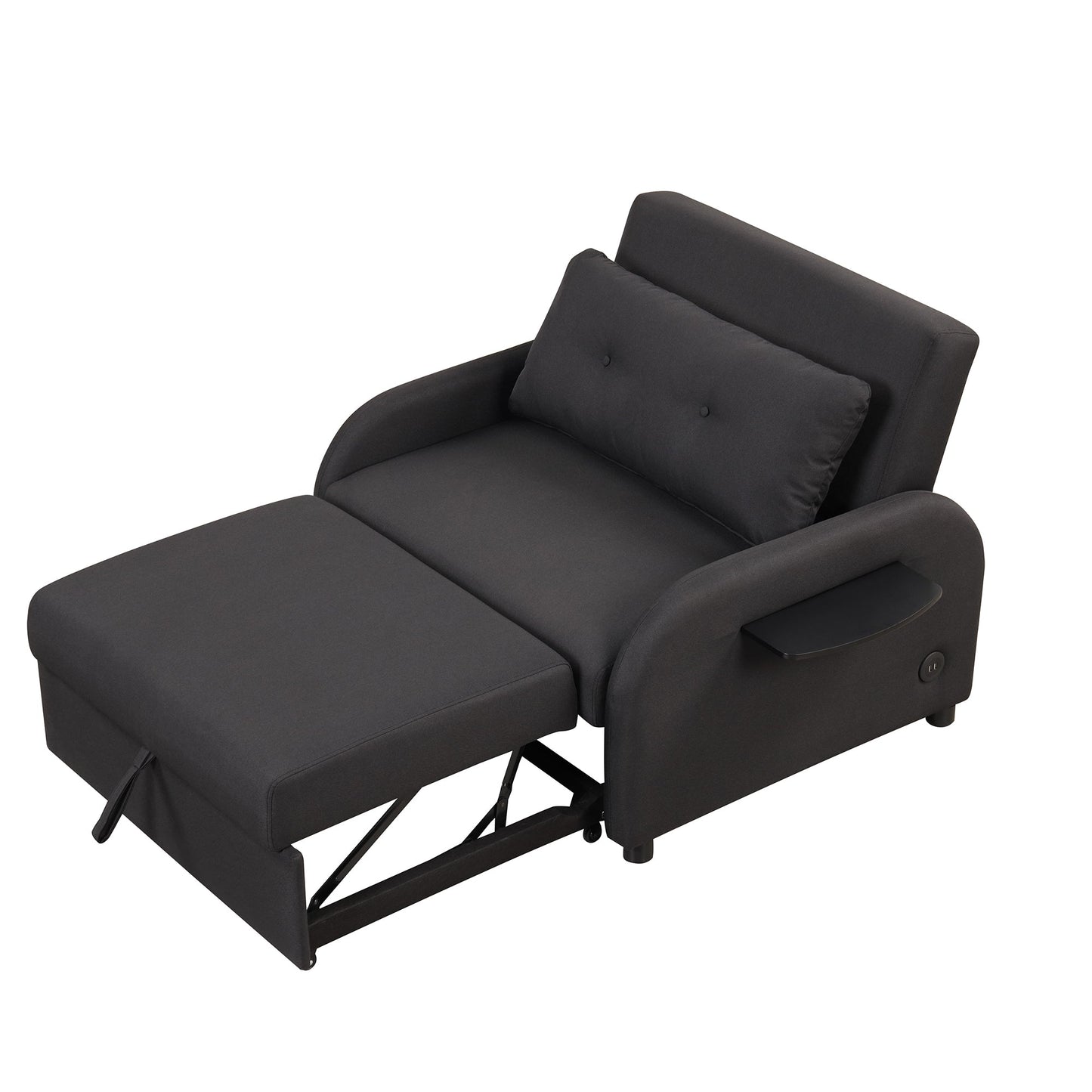 3-In-1 Pull Out Sofa Sleeper With Wing Table and USB Charge, Black Linen Upholstery, Iron Frame