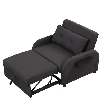 3-In-1 Pull Out Sofa Sleeper With Wing Table and USB Charge, Black Linen Upholstery, Iron Frame