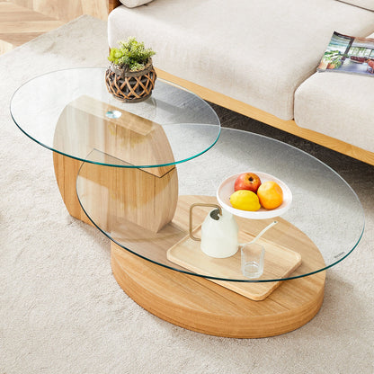 Modern Light Wood Grain Double Layer Coffee Table - Versatile Design, Multiple Colors, MDF and Reinforced Glass, Oval Co