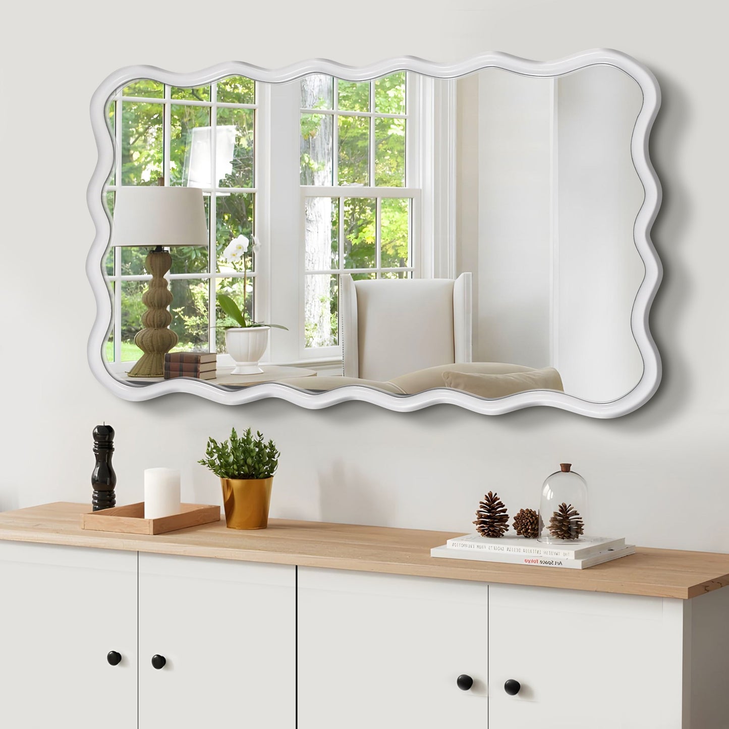 Solid Wood Wavy Rectangle  Mirror-Natural-Wood   40' X 28' Modern Mirror Wall Decor for Bathroom, Bedroom, Living Room,