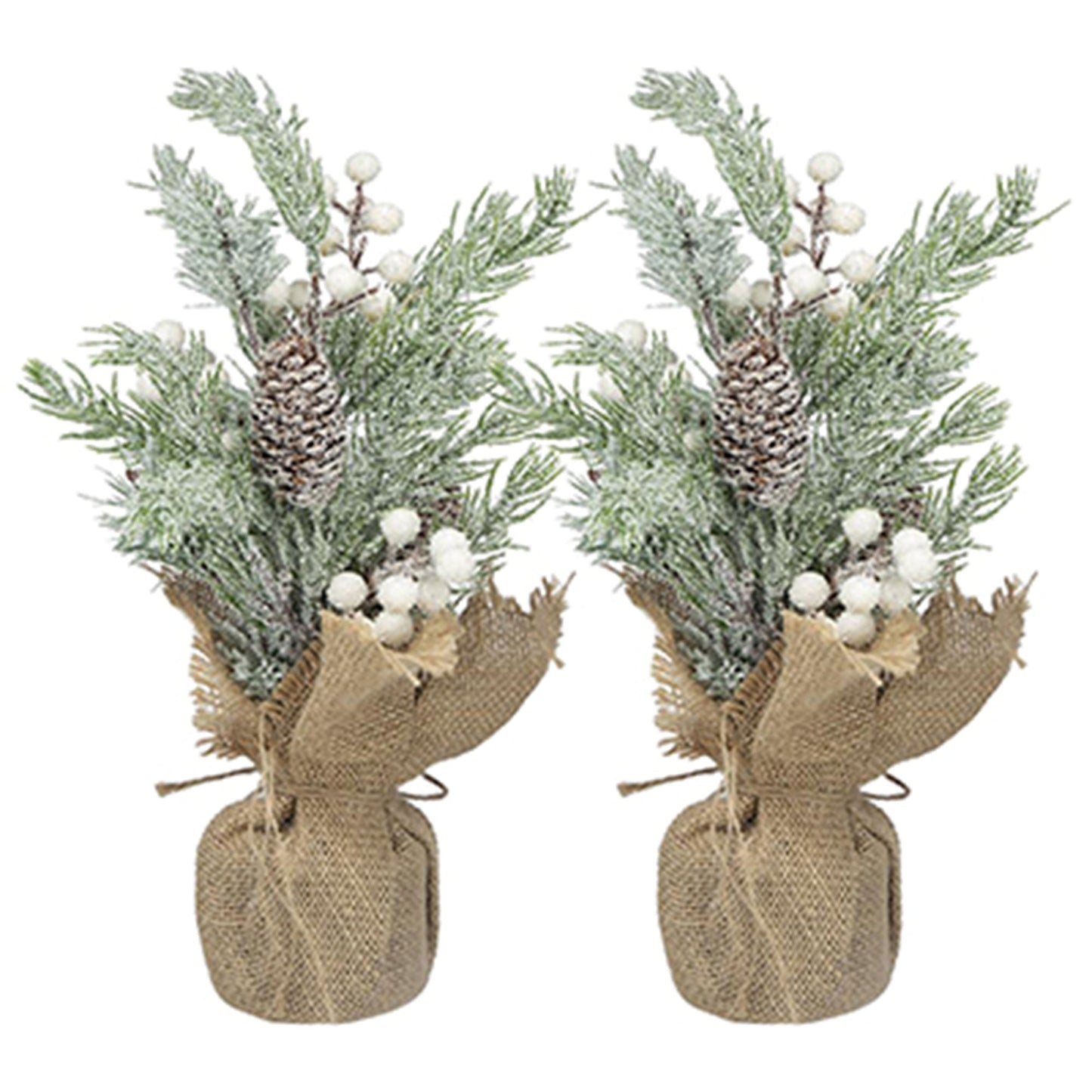 Set of 2, 15''H Frosted Artificial Trees With Pinecones and Faux Berry Accents, Festive Tabletop Decor, for Seasonal Cen