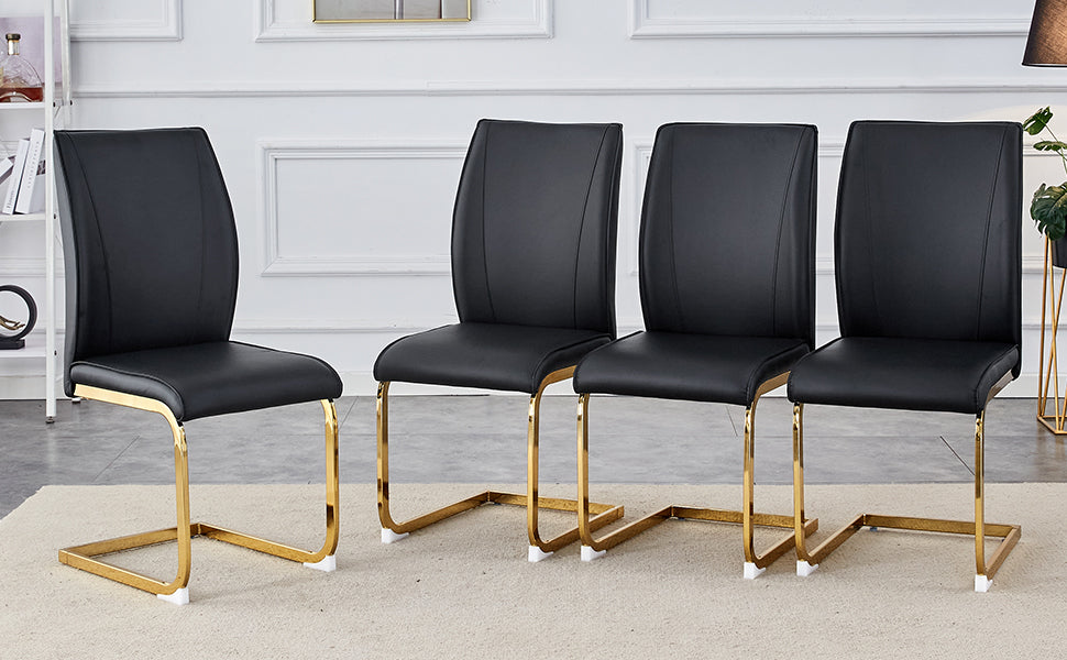 Luxury Simple Arch Chair - Set of 4 BLACK PU Material High Resilience Dining Chair With Arched Metal Gold Leg.W1151P1548