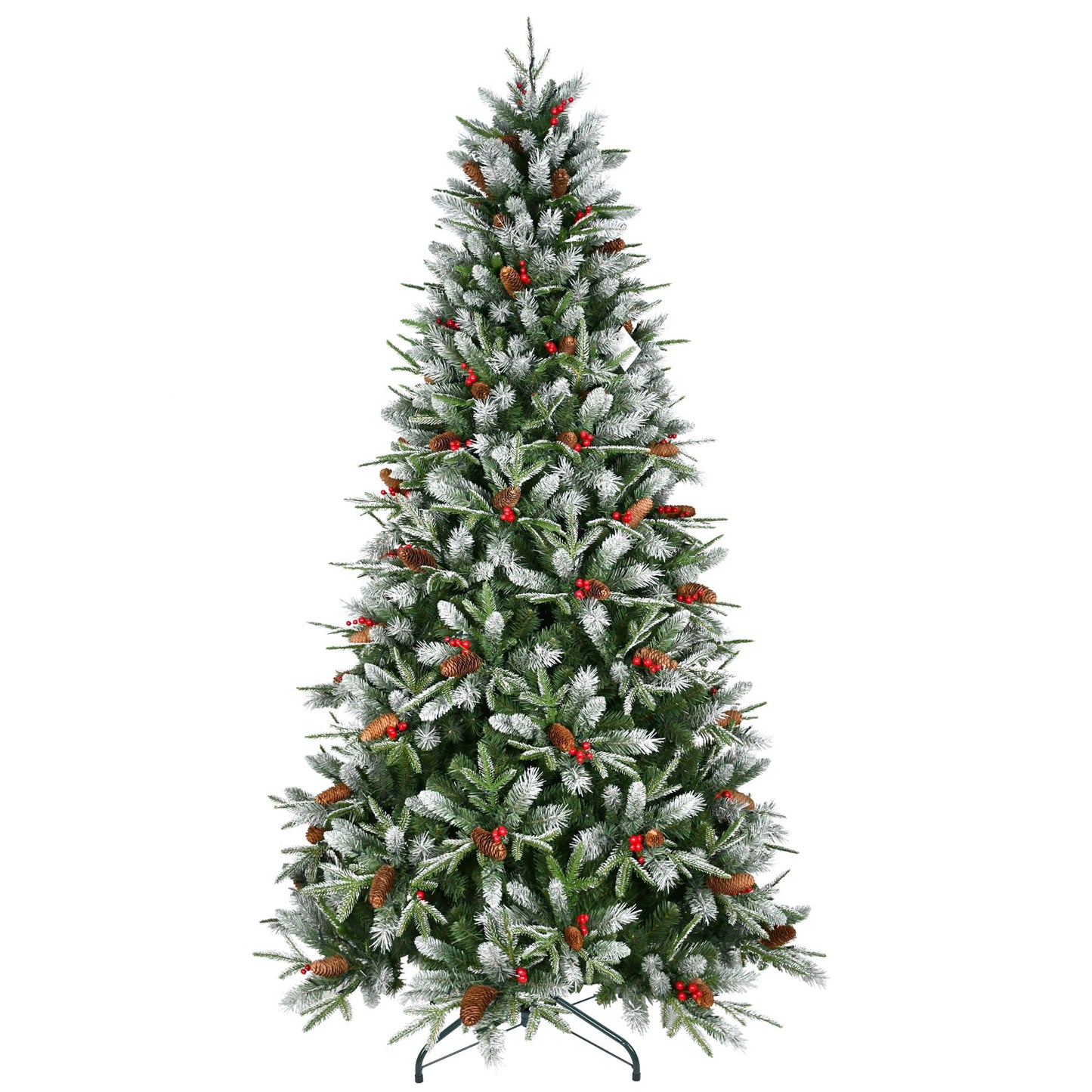 7FT Christmas Tree With 2178 Tips, Red Berries & Pine Cones – Snow-Dusted PE+PVC Branches, Hinged Design for Easy Setup,