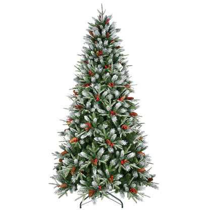 7FT Christmas Tree With 2178 Tips, Red Berries & Pine Cones – Snow-Dusted PE+PVC Branches, Hinged Design for Easy Setup,