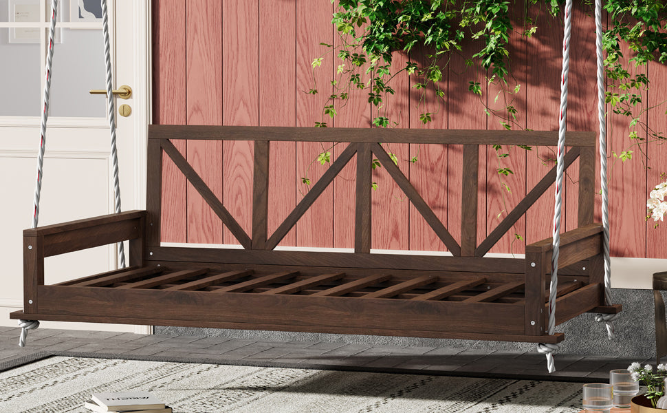 Acacia Wood Twin Size Patio Swing Bed Modern Porch Swing Hanging Bed Frame With 16.4ft Hemp Ropes for Garden,Backyard,Br