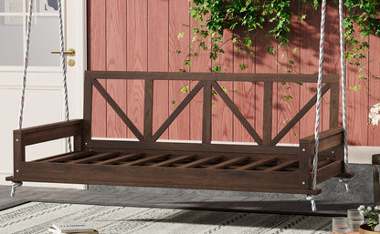 Acacia Wood Twin Size Patio Swing Bed Modern Porch Swing Hanging Bed Frame With 16.4ft Hemp Ropes for Garden,Backyard,Br