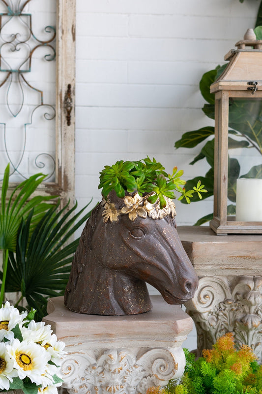 14.5x8.5x13.5' Magnesium Horse Statue Planter With Textured Brown Finish and Gold Leaf Crown