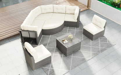 Patio Furniture Set Outdoor Daybed Rattan Sectional With Cushions and Center Table, Beige, Iron & Rattan, Multiple Sizes