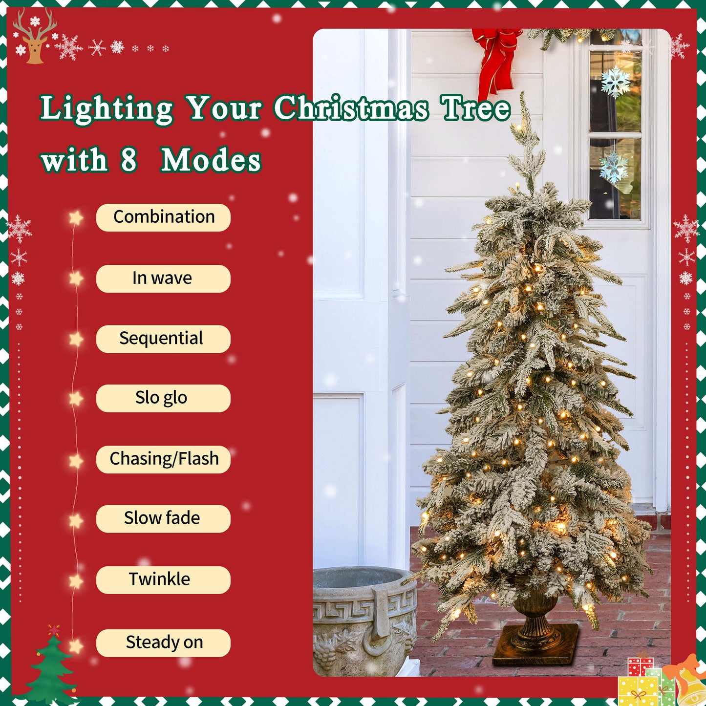 Pre-Lit Christmas Artificial Tree 4-Piece Set, Garland, Wreath and Set of 2 Entrance Trees, X-Mas With LED Lights, PVC F